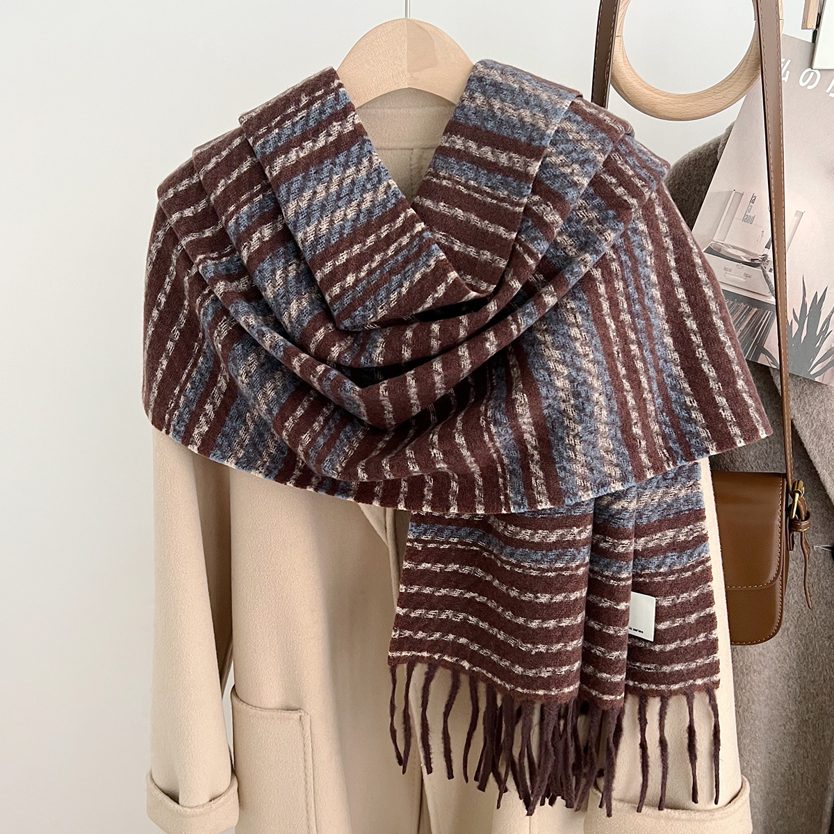 New retro striped faux cashmere long scarf for autumn and winter, soft tassel large shawl, student scarf, suitable for both men and women Specification image