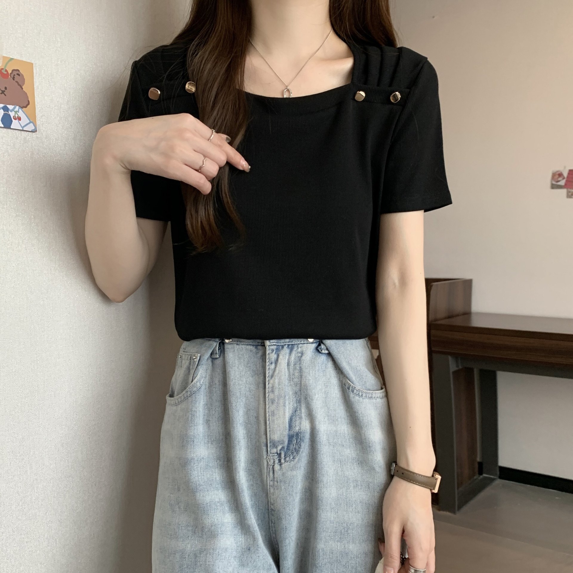 方领正肩短袖t恤女2026年夏季显瘦宽松设计感欧货短袖上衣A11743详情17