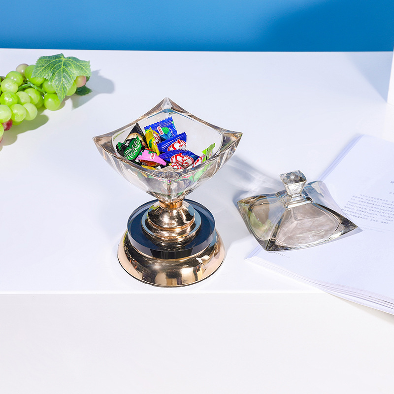 北欧透明玻璃糖果罐带盖水晶储存罐贵族黑盘黄金脚小糖透明罐