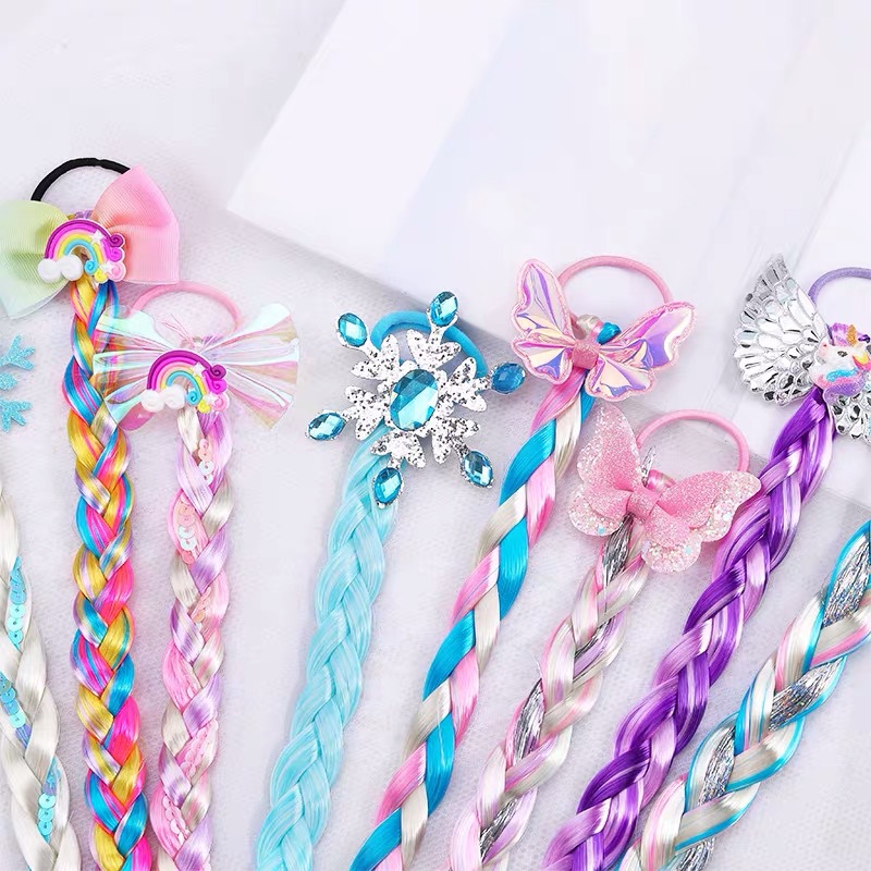 Children's colorful braided hair with braids, girls' gradient color one-angled hair clips, butterfly-tied rope hair bands, gradient hair accessories details Picture