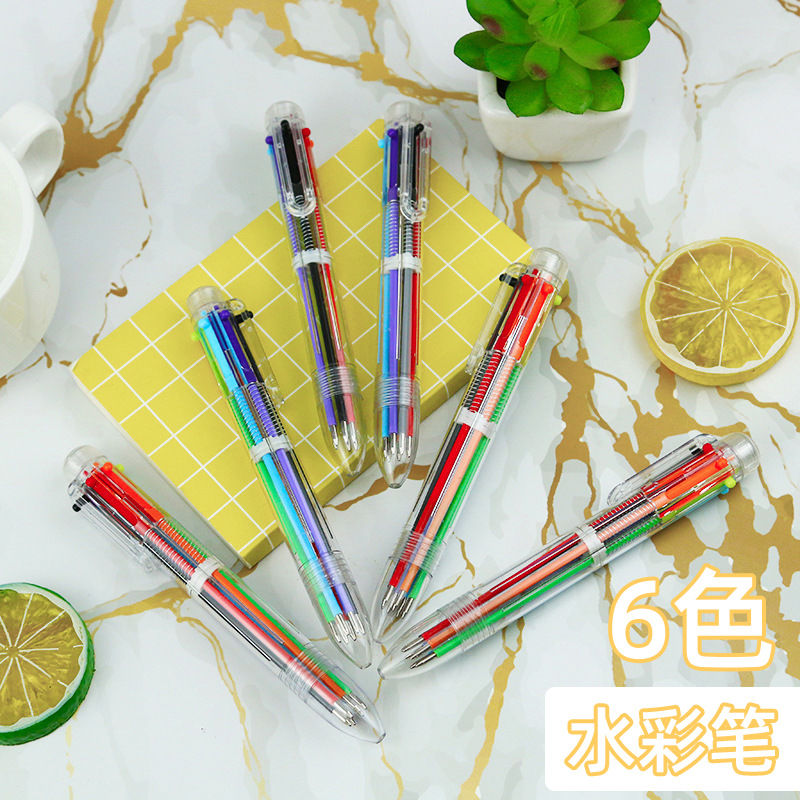 透明杆6色圆珠笔 简约创意多色按动笔多功能实用商务办公文具用品