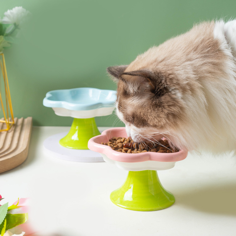 Flower cat bowl, ceramic cat bowl, cat food bowl, eating and drinking, high legs to protect the cervical vertebrae, pet food bowl, canned snack plate Specification image