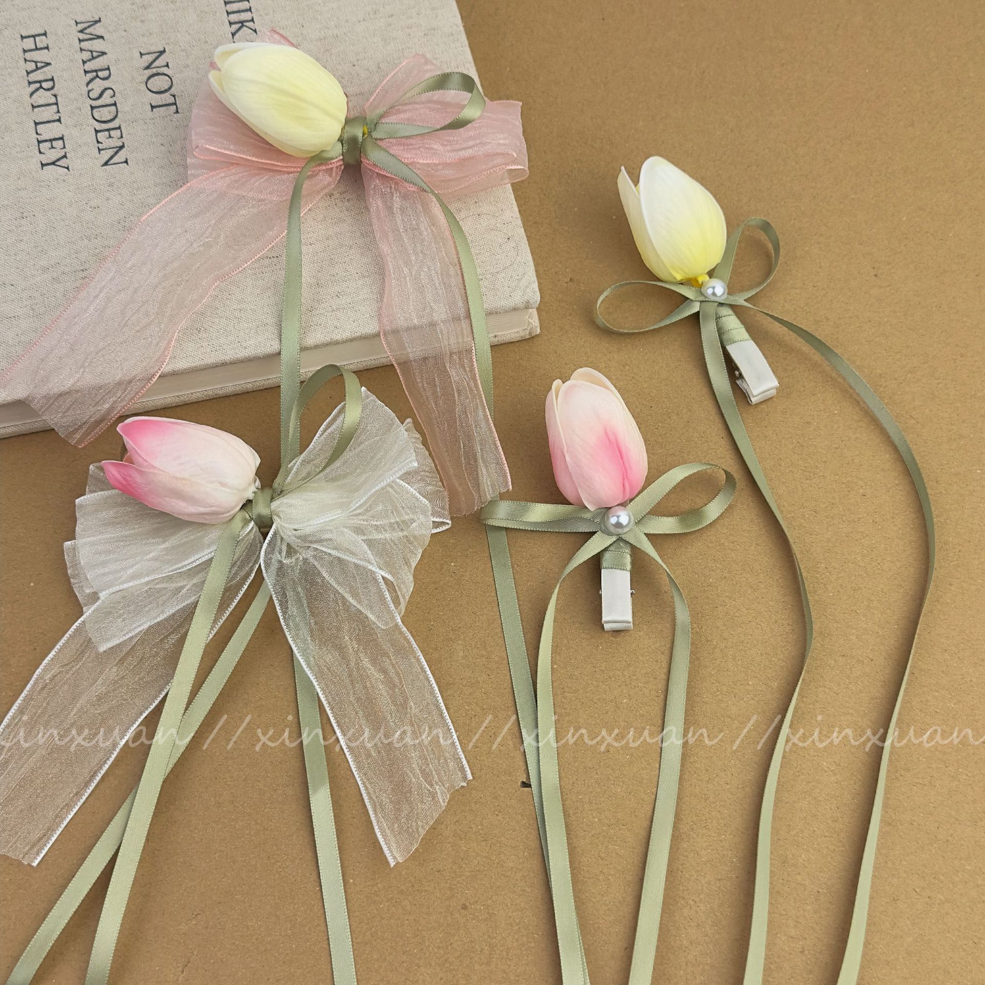 Super fairy tulip flower hair clip, women's side bangs clip, bow ribbon double ponytail hair clip, new hair accessory details Picture