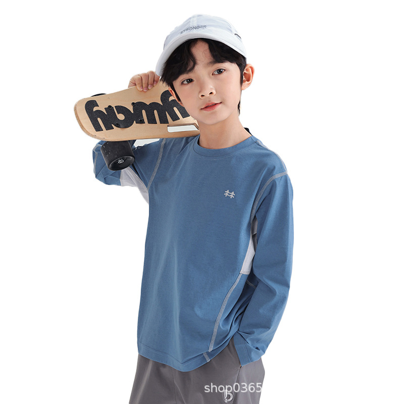 Spring 2025 new Boys' versatile sporty color-blocked long-sleeved T-shirt, round-neck top, base layer, breathable Item Picture