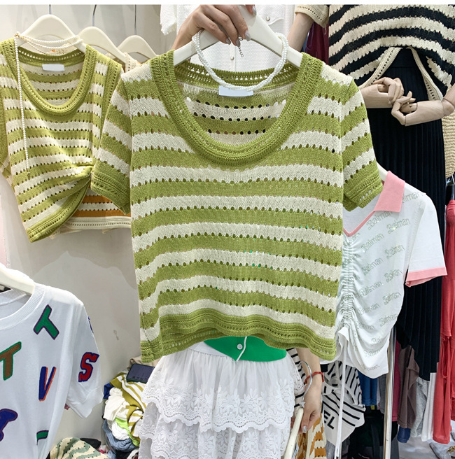 大码女装镂空韩系条纹针织短袖t恤复古圆领上衣时尚百搭2022夏季