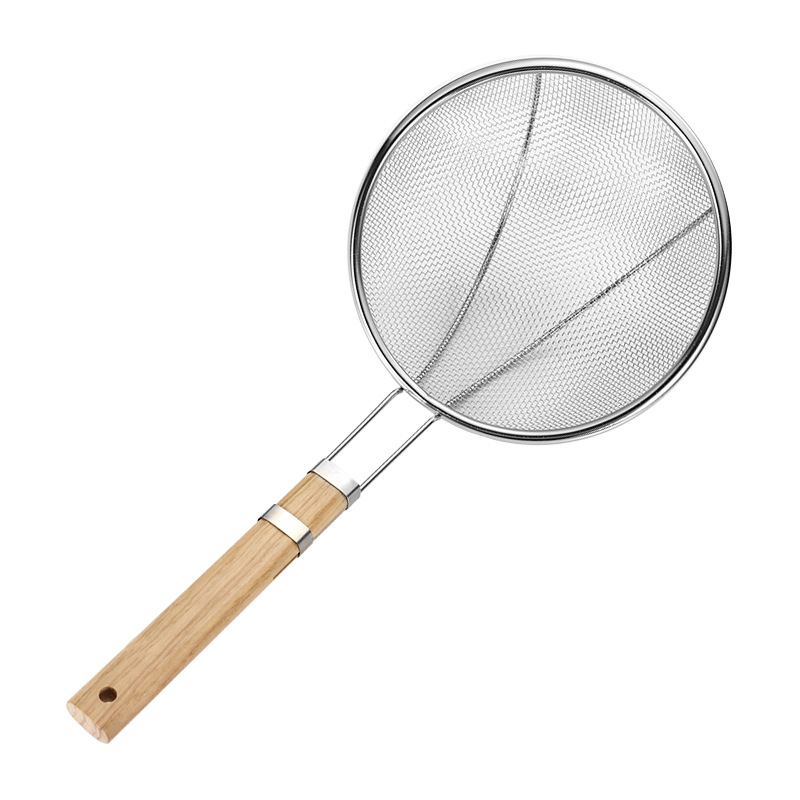 Non-magnetic stainless steel wooden-handled mesh large strainer, commercial hot pot spoon, oil grid, hotel supplies, ladle, fried noodle ladle Item Picture