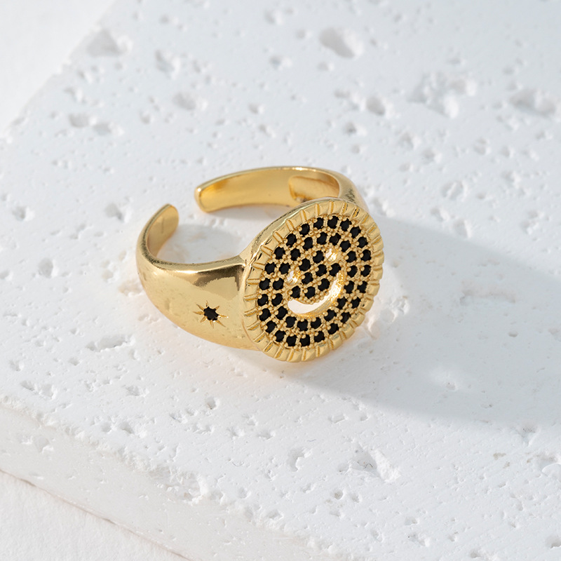 An AliExpress foreign trade style micro-inlaid zirconium unique and trendy smiling face opening ring, an Instagram influencer opening ring for women details Picture