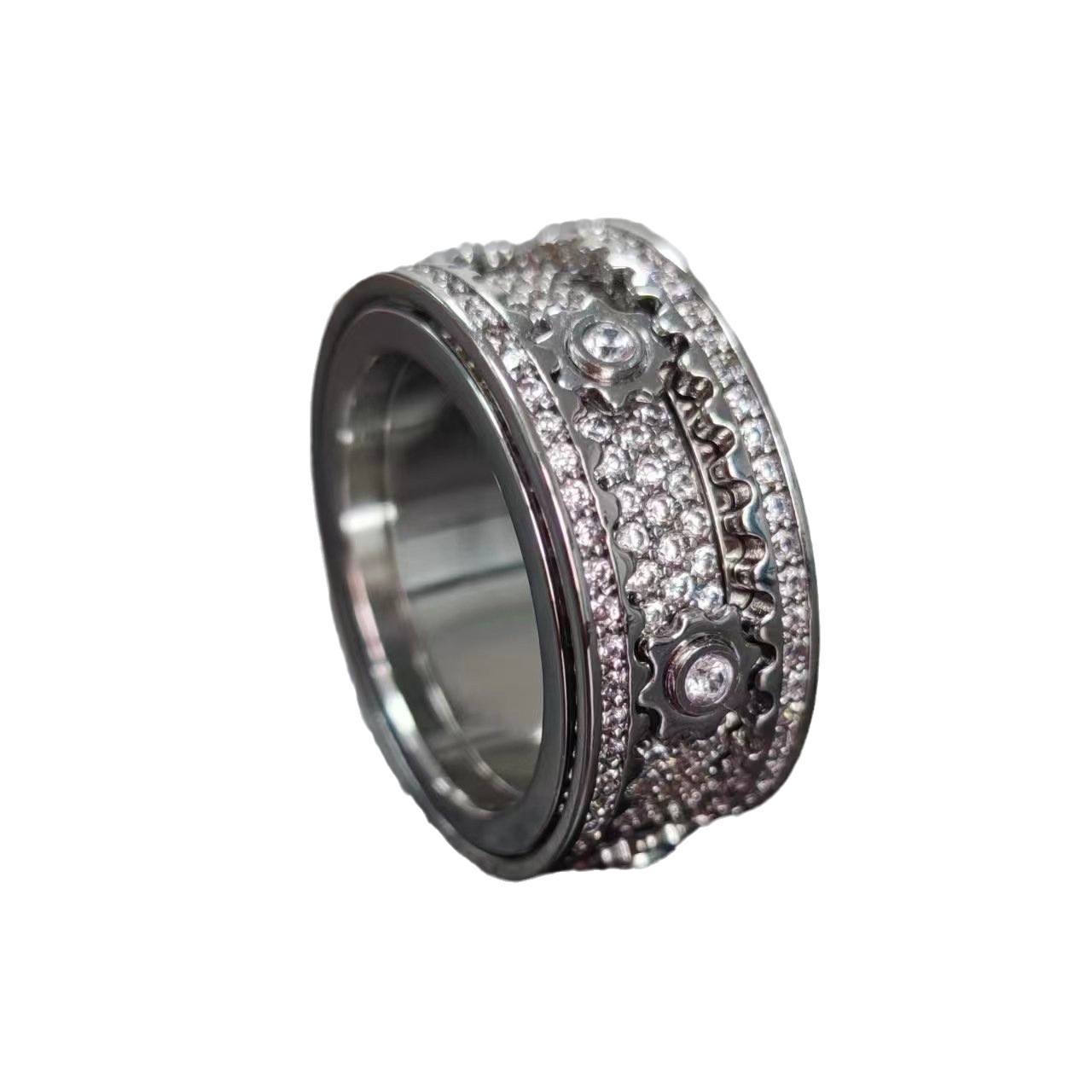The metal circular best-selling "Full Sky Stars" rotating gear ring features a CNC full diamond setting with a mechanical feel that crosses borders Item Picture