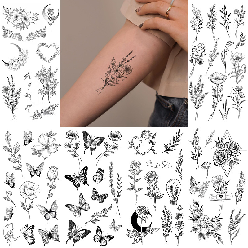 素色花朵纹身贴纸 动物纹身贴纸 黑色纹身贴纸 防水纹身贴 tattoo详情图1