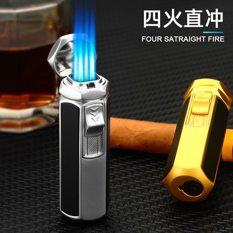 打火机厂家批发 四火直冲蓝焰喷枪点火器雪茄户外烧烤木炭打火机