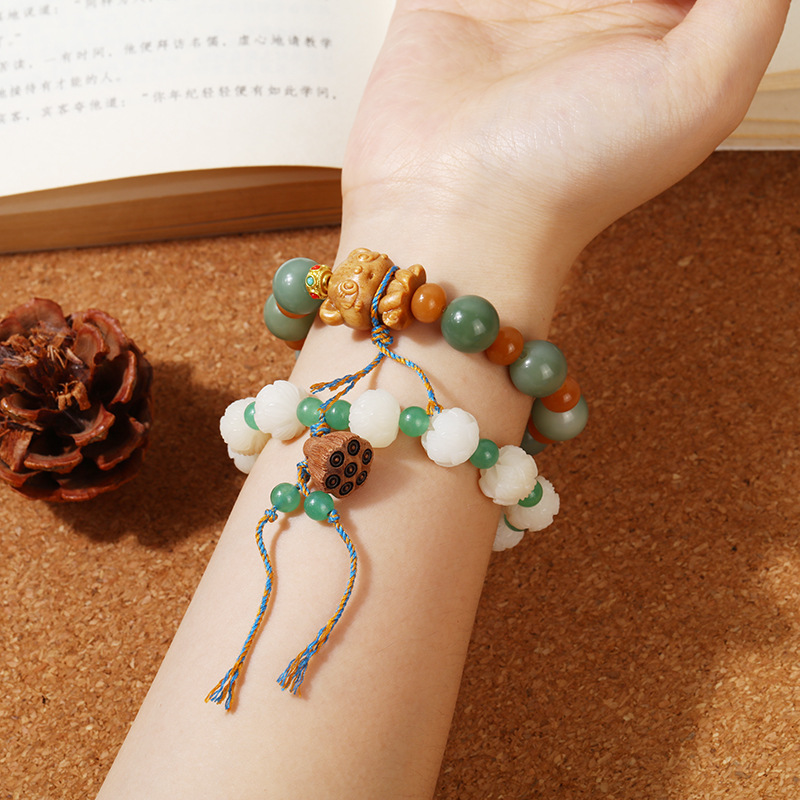 Little Red Book With A Step By Step Lotus White Jade Bodhi Hand String Sandalwood Panda Buddha Bead Bracelet Single Circle Disc Play Hand Ornaments Specification drawing