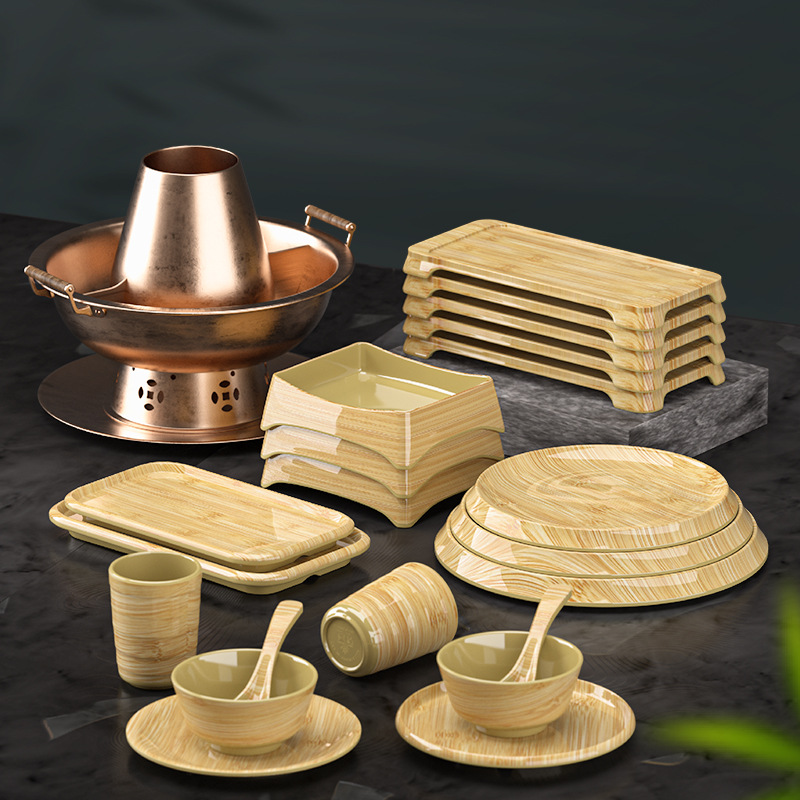 Mountain wild wind bamboo and wood grain melamine tableware, hot pot restaurant side dish plates, commercial imitation porcelain dinner plates, round plates for grilled skewers and beef plates details Picture