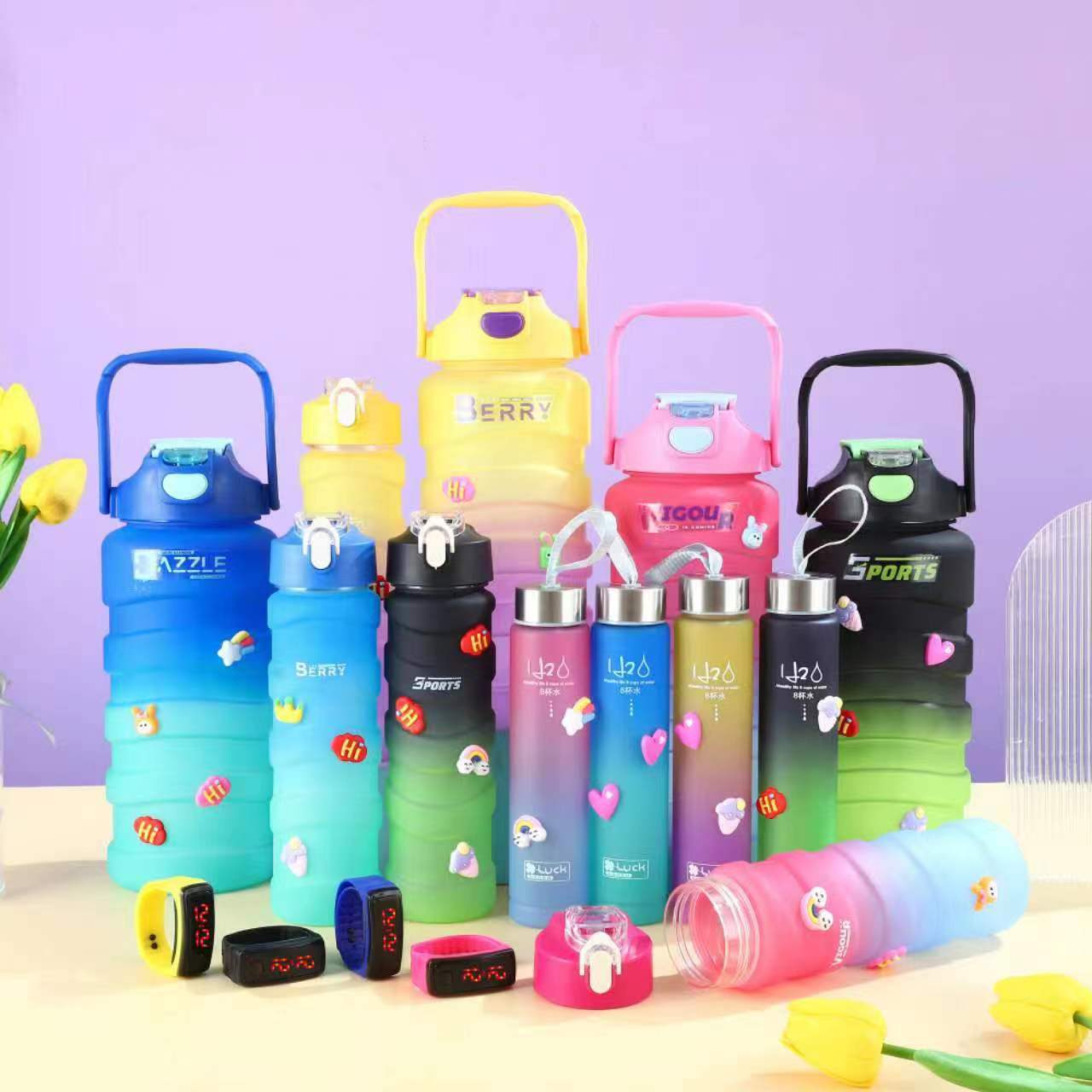 Portable Progressive Color Plastic Cup Large Capacity Straw Cup Three Sets Of Outdoor Sports Fitness Plastic Cup Wholesale details Picture