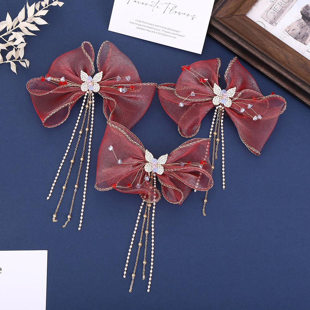 Burgundy Silk Bow Hair Clip Bridal Headwear Fringe Hair Accessories Set Toast Dress Wedding Photo Accessories