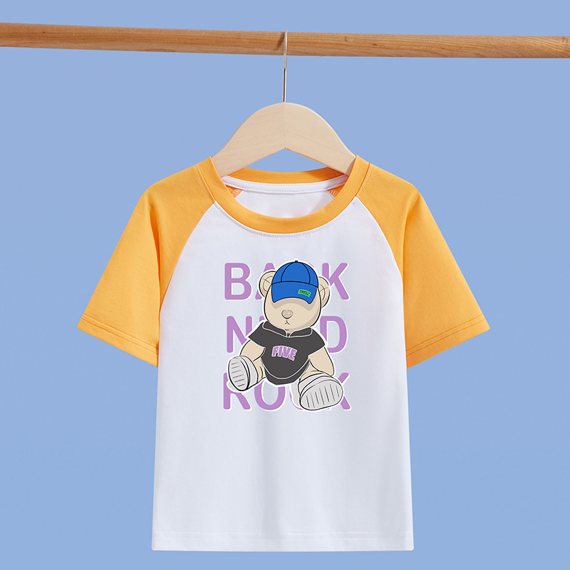 Baby girl's half-sleeved and short-sleeved pure cotton T-shirt for 2024 summer, round-neck little bear printed small children's clothing T-shirt Application Scenario