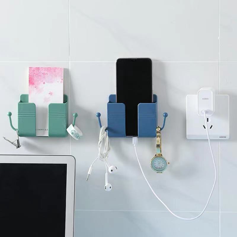 Multi-Functional Wall-Mounted Remote Control Storage Box Punch-Free Adhesive Bedside Mobile Phone Charging Stand Storage Rack Application Scenario