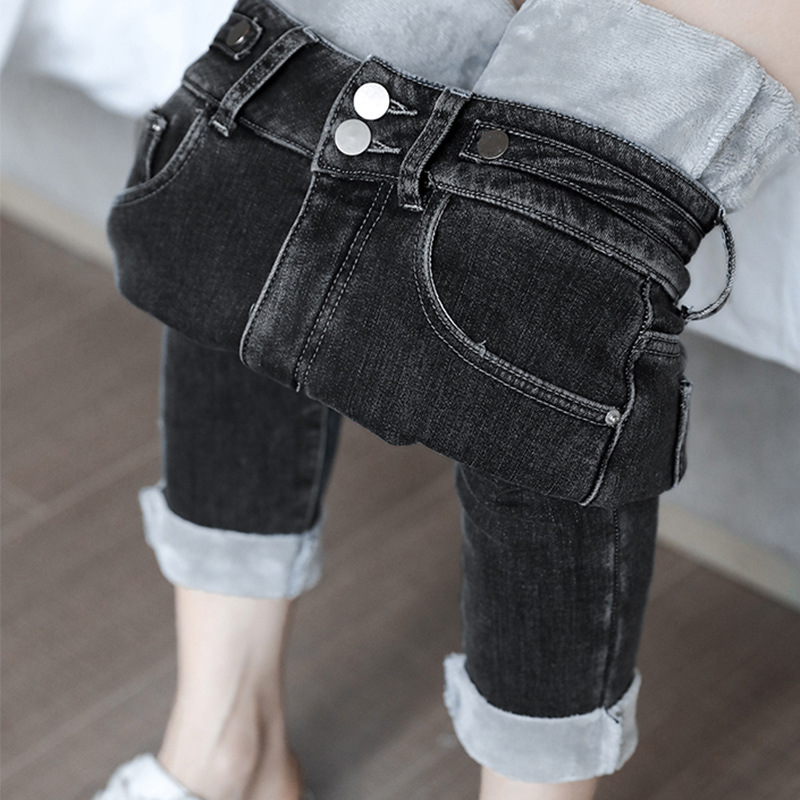 Fleece jeans for women, high-waisted and slimming 2021 autumn/winter new style black tight-fitting skinny jeans with thickened one-piece fleece