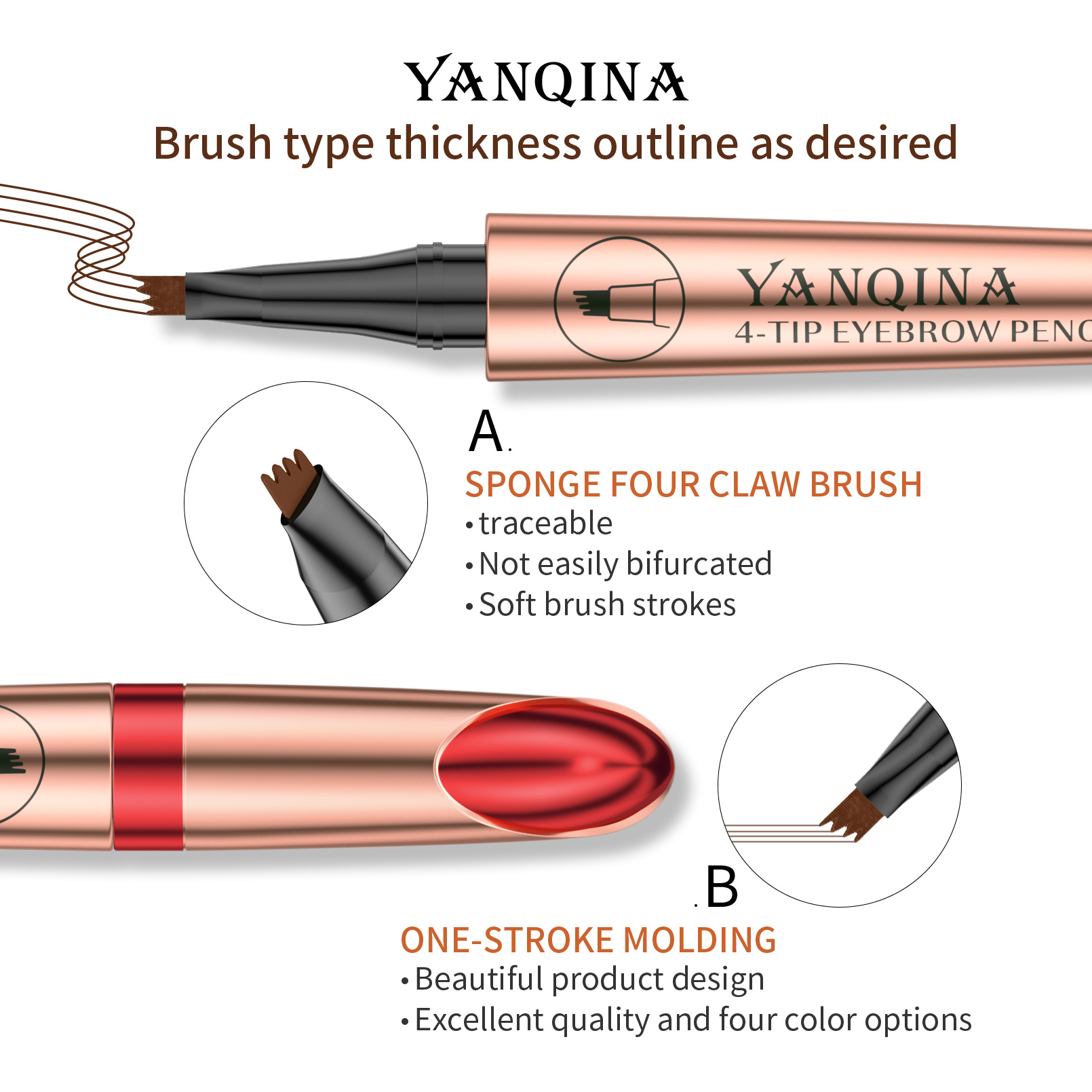 Yanqina Four Fork Liquid Eyebrow Pencil Waterproof And Not Fade Color Is Not Easy To Faint Wild Eyebrow Pencil Cross-Border Makeup Specification drawing
