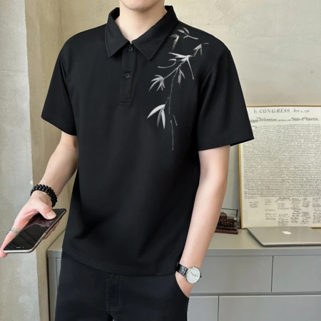 Cross-border original fabric new Chinese-style bamboo men's high-weight embroidered short-sleeved T-shirt polo, one-piece consignment Cross-border original fabric new Chinese-style bamboo men's high-weight embroidered short-sleeved T-shirt polo, one-piece consignment