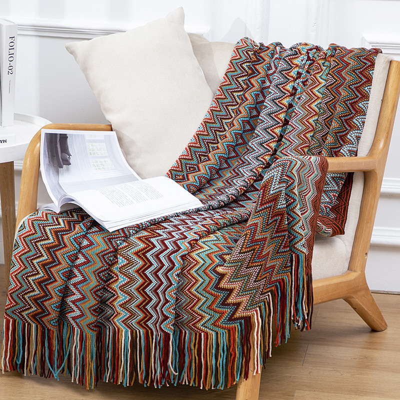 Wool Knitted Cross Border Sofa Blanket Cover Blanket Boho Tail Blanket Striped Fringe Blanket Summer Nap Blanket Application Scenario