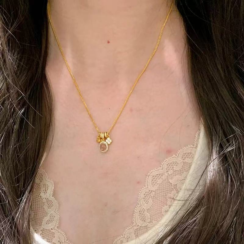 S925纯银龙心玉跑环项链女小众设计金色四叶草清冷感吊坠饰品项饰详情4