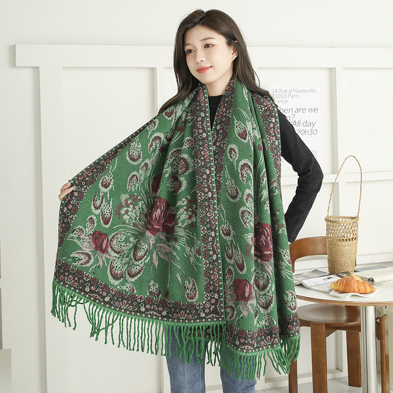 National Wind Shawl With Decorative Warm Imitation Cashmere Scarf Female Autumn And Winter New Fringe Jacquard Scarf Wholesale Specification drawing