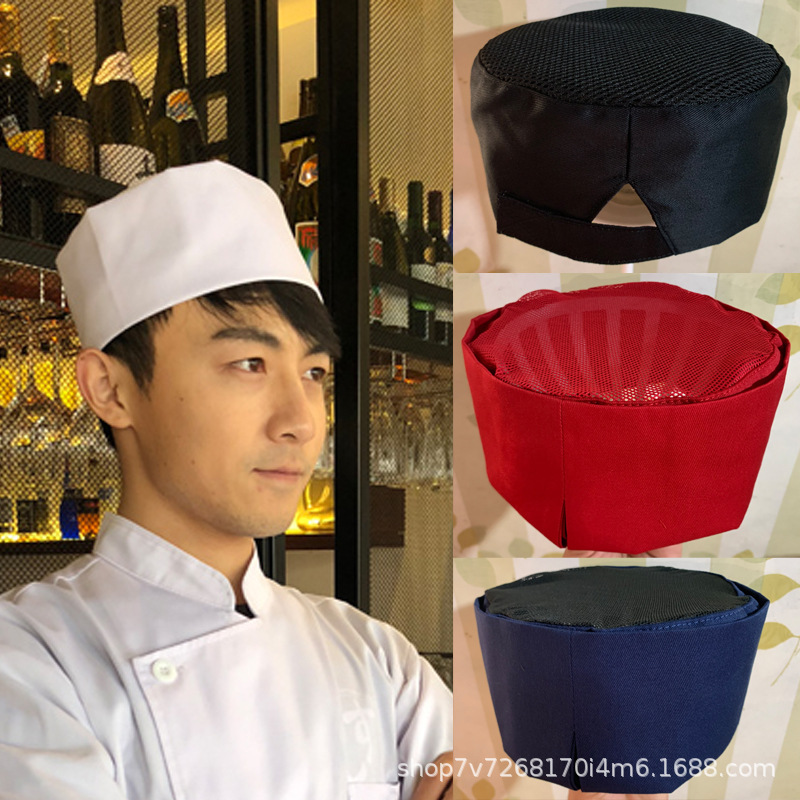 日韩式料理帽 服务员工作帽厨师帽 厨房透气平顶帽亚马逊网顶高帽图