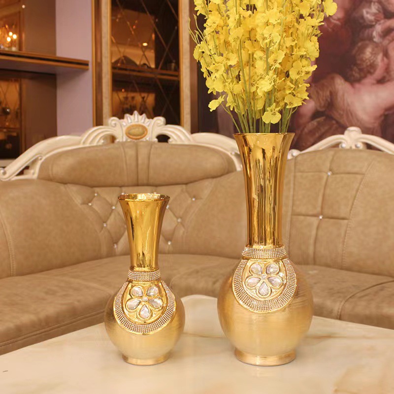 Cross-border European creative simple electroplating gold brushed ceramic vase Hotel decoration Wedding home crafts Gold long neck vase Specification drawing