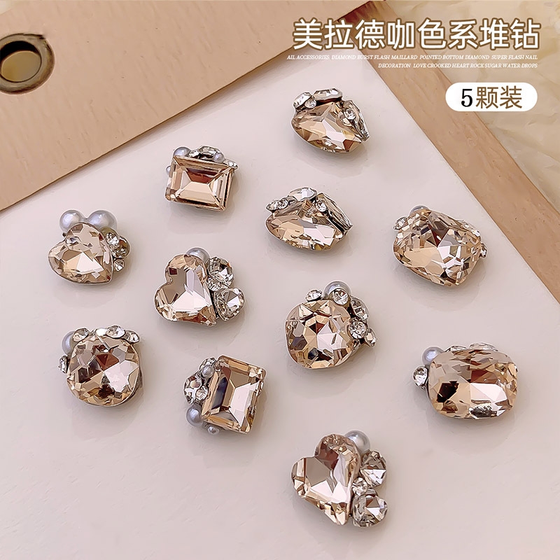 Champagne-colored pile diamond ball nail art accessory finished product, fat square, crooked heart, peach heart, axe pile diamond, super shiny nail decoration diamond