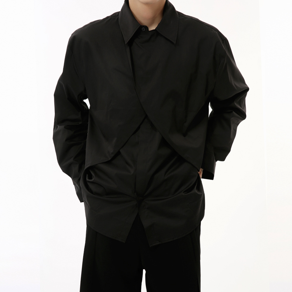 MTLCLOTHES men's Wear: 2024 Autumn Collection New French deconstructed cross-design sense, elegant solid color shirt trend details Picture