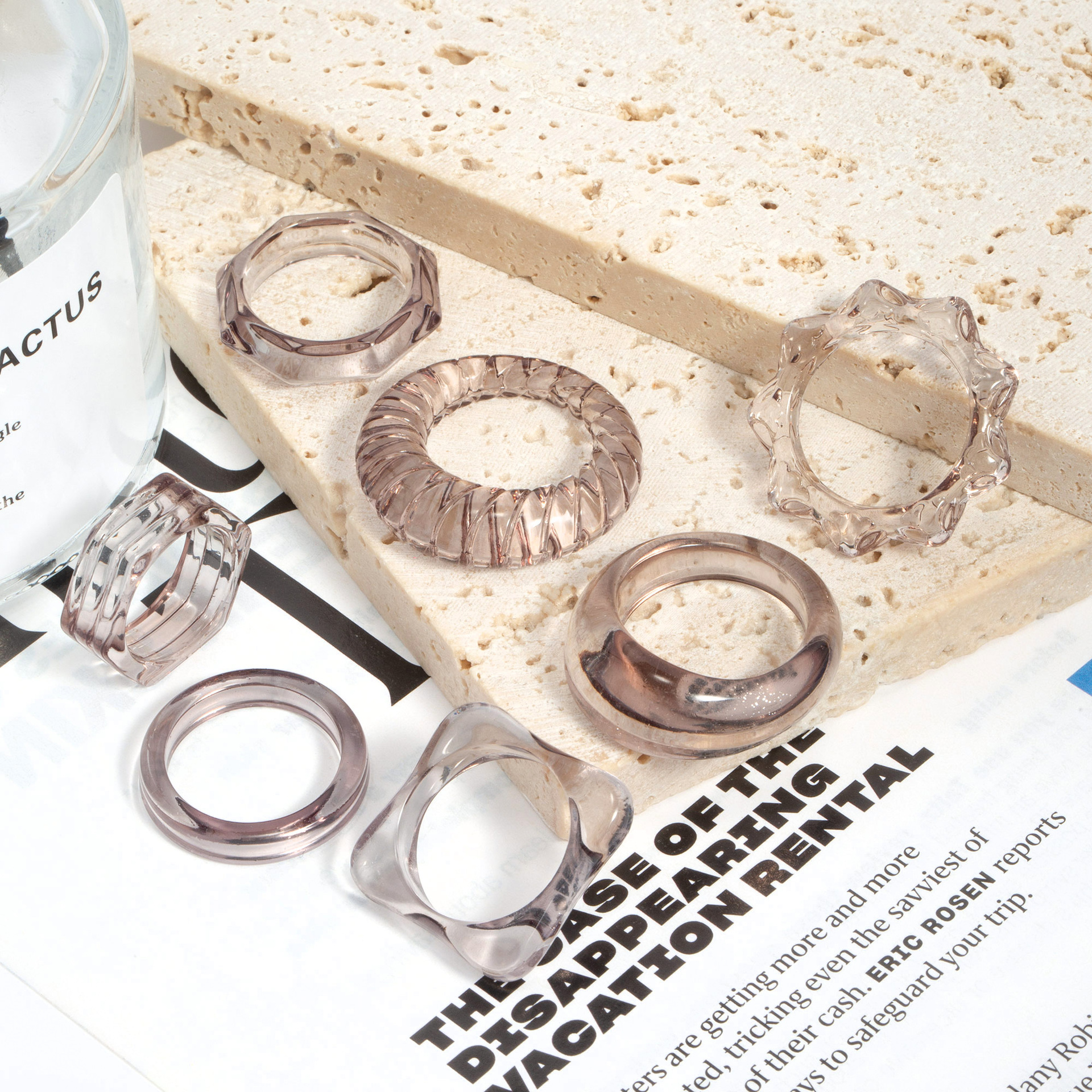Wholesale of small square retro geometric polygonal rings, semi-transparent resin jewelry and women's sets for export to Europe and America details Picture