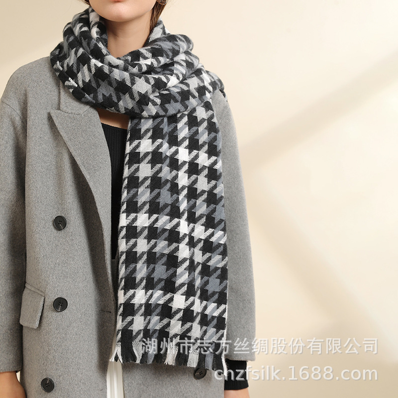 Autumn And Winter New Big Thousand Bird Check Scarf For Women Warm Thick Students Imitation Cashmere Plaid Scarf Jacquard Shawl Specification drawing