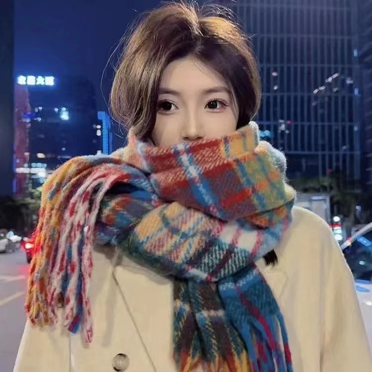 欧美爆款黑米格子围巾女甜美围脖冬季加厚保暖流苏情侣披肩百搭详情15