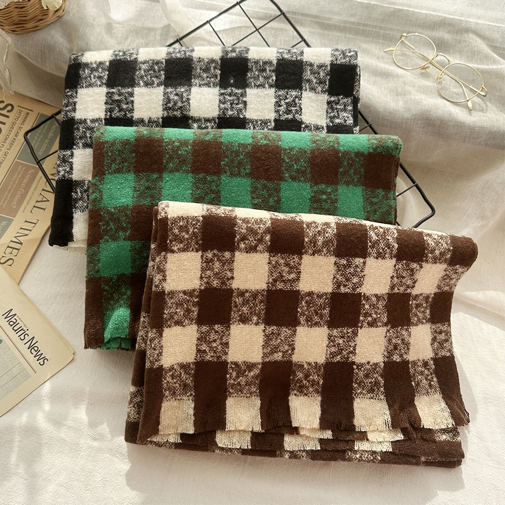 Korean Version Of The New Mohair Scarf Women Winter Warm Fashion Bib Checkerboard Short Beard Men's Scarf Foreign Trade details Picture