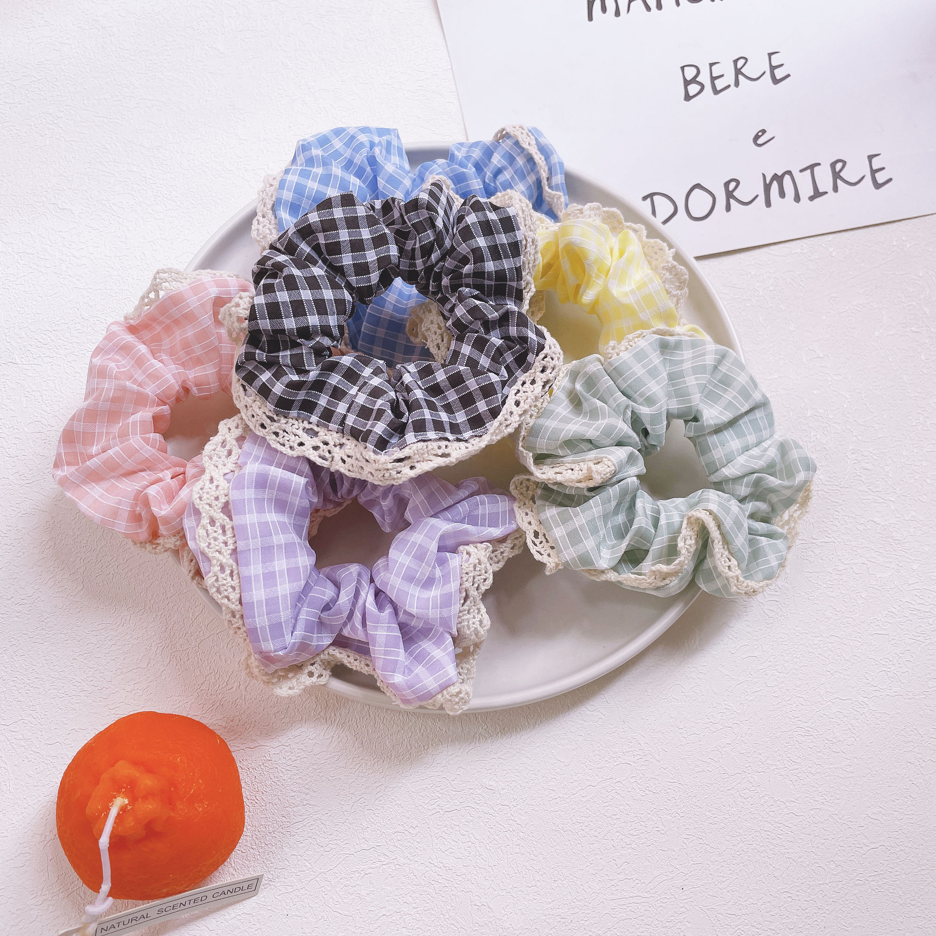 Summer fresh and cute checkered large intestine circle, Japanese girlish sweet lace edge simple bun hair tie details Picture