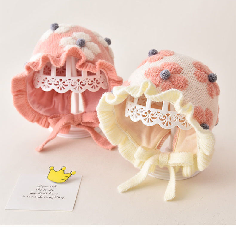 Baby hat autumn and winter style girl baby knitted flower wool hat princess cute winter toddler girl ear protection hat