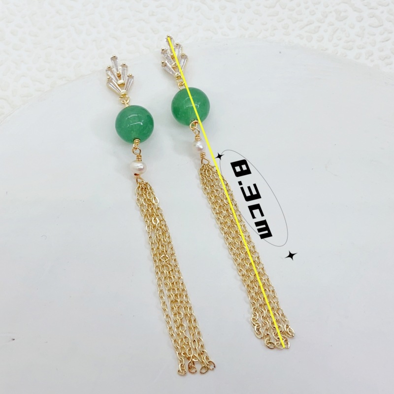 ED040064 Dongling Jade long tassel stud earrings, gilded long tassel earrings and pendants, inlaid with fashionable and retro green details Picture