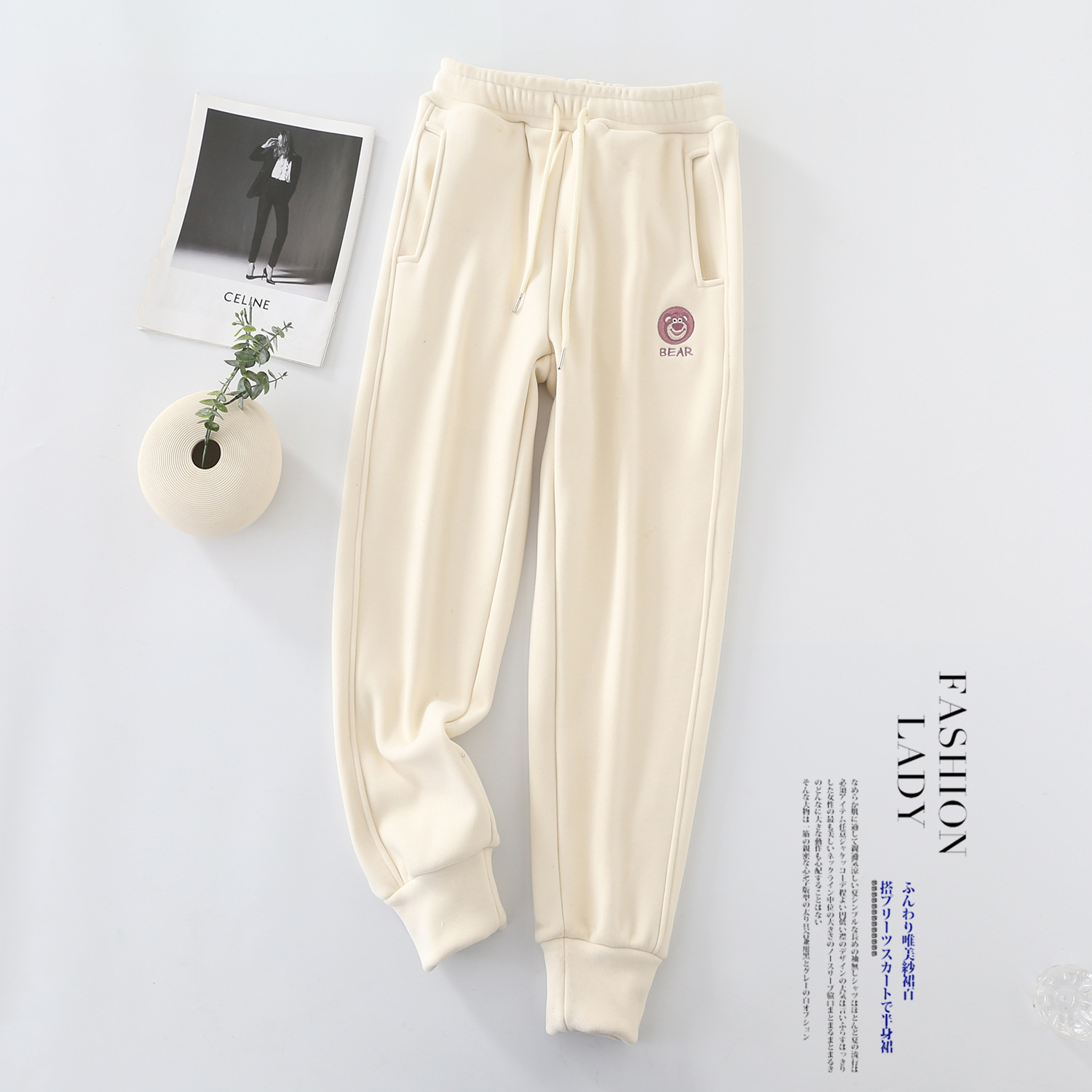 Spring and autumn new style of versatile outerwear embroidered strawberry bear sportswear pants for women, large-sized slimming, windproof and tight-fitting sweatpants wholesale details Picture
