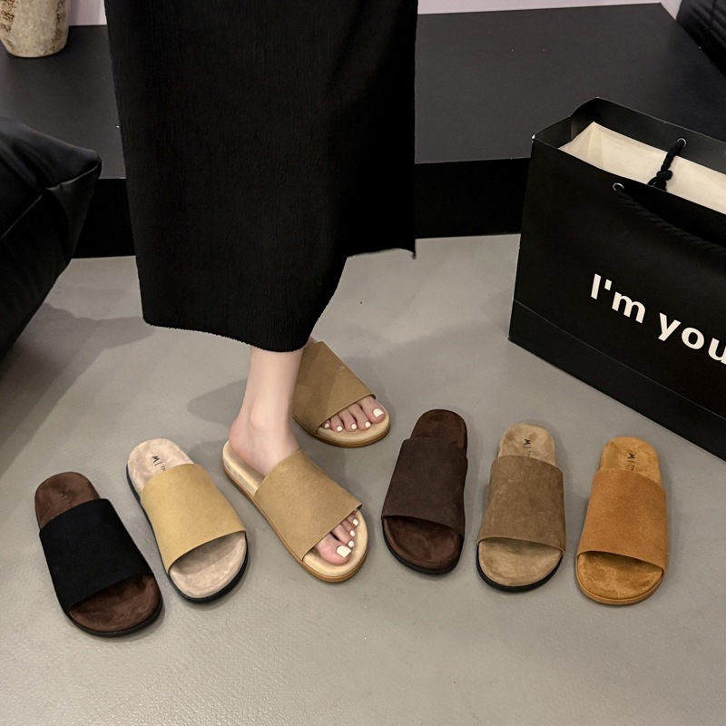 Cowhide version ~ Retro flat one-line women's Burken shoes with flip-flops, new soft leather casual outerwear open-toe slippers