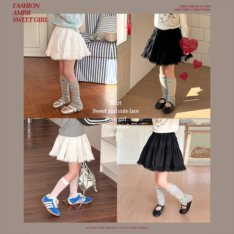 Aimobeibei Girls' versatile short skirt, children's Korean-style ballet skirt, princess sweet lace-trimmed skirt