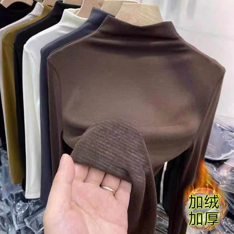 欧货加绒T恤女秋冬新款纯色百搭弹力软糯基础款抓绒半高领打底衫