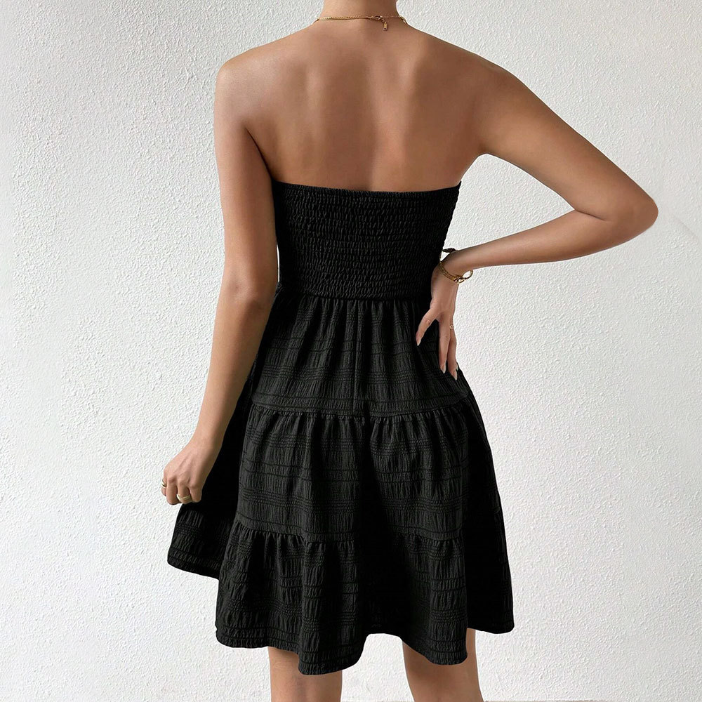2025 Amazon Cross-border Women's Clothing Summer New one-neck strapless solid color versatile textured dress details Picture