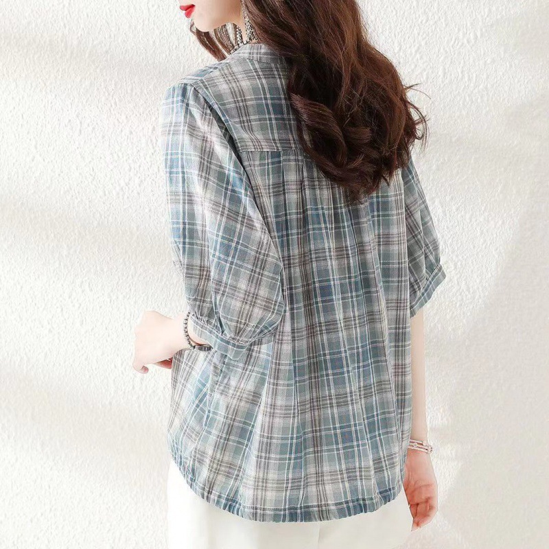 Design Sense Of Small Shirt Women 2023 Summer New Cool Casual Women's Short Sleeve Cotton Plaid Shirt Specification drawing