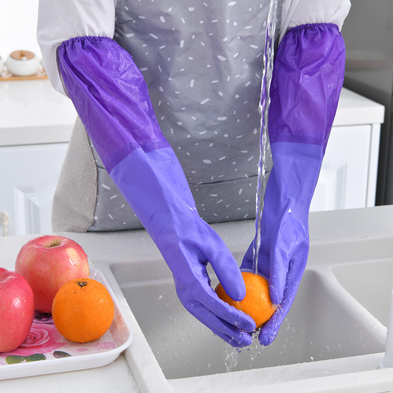 家用冬季加绒珠光加袖保暖防水厨房洗衣洗碗清洁pvc橡胶乳胶手套详情图1