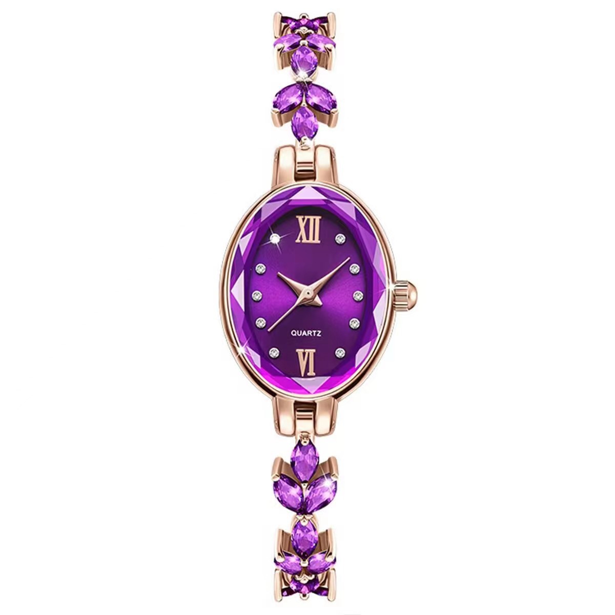 New cross-border foreign trade women's watch with wheat ears and diamonds, petal and leaf quartz wristwatch for women, and violet bracelet watch