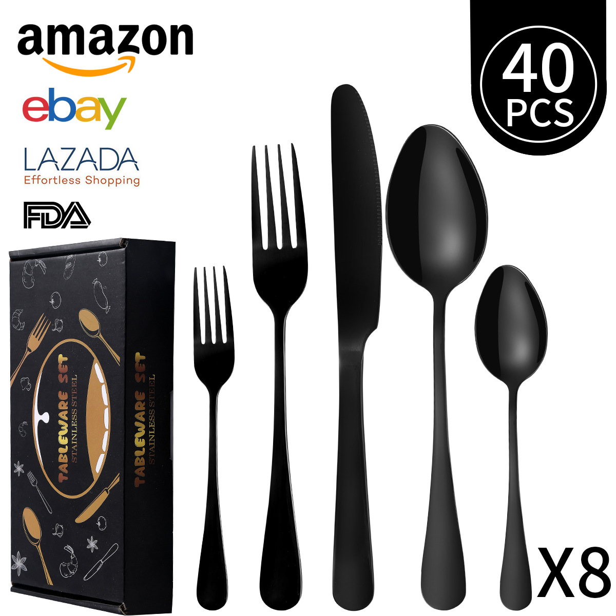 Cross-border Amazon 1010 Stainless Steel Tableware Set, 24-piece set of knives, forks and spoons, Titanium-plated Western Tableware gift Box set Application Scenario