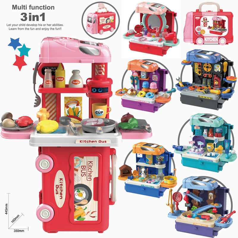 Cross-border children's kitchen tableware set, tools, screws, dentist, pet 3-in-1, bus, house play, suitcase, toys