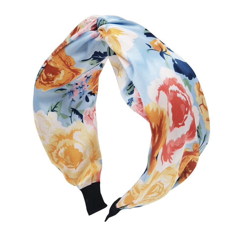 Exclusive Qiwei Accessories, exclusive Qiwei Accessories, new cross-border headwear and hair accessories from Europe and America, elegant fabric, knotted, floral print, wide-brimmed hair band for women Item Picture