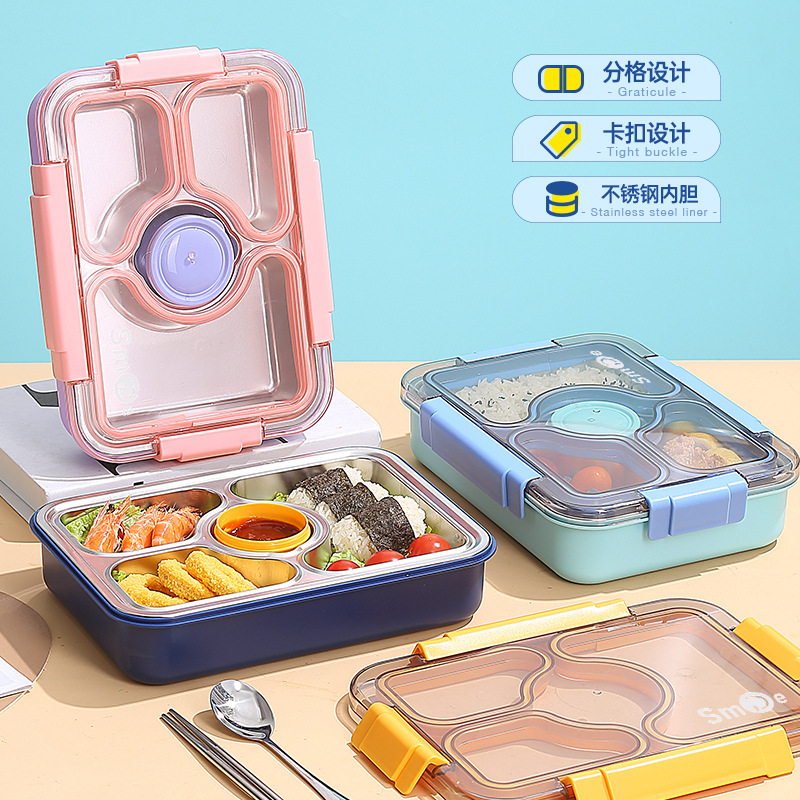 The new Japanese style simple 304 stainless steel independent sealed division bento box three boxes with PP bowl school lunch box full figure