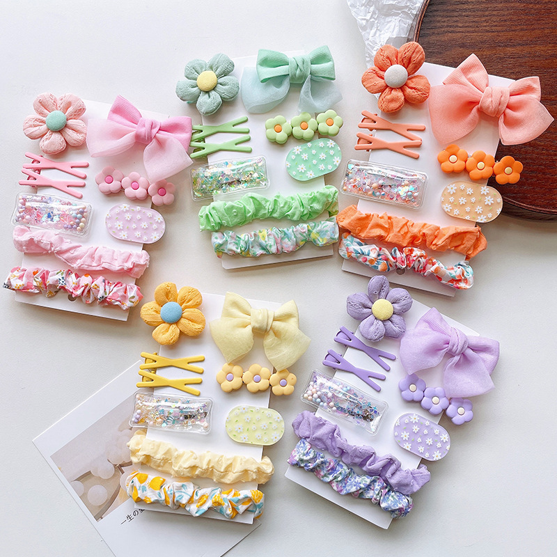 Korean Cute Fabric Flower Children's Hairpin Set Spring Color Bow Fringe With Floral Pleated Scrunchie